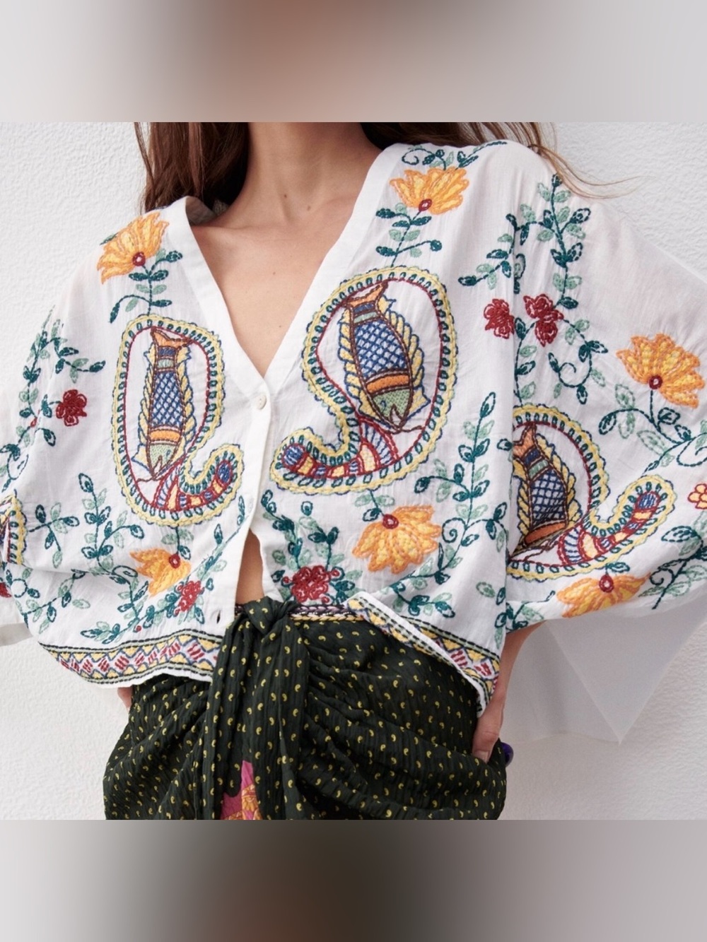 Zara Embroidered Fish Sealife Boho Cropped Kimono Blouse EUC Medium